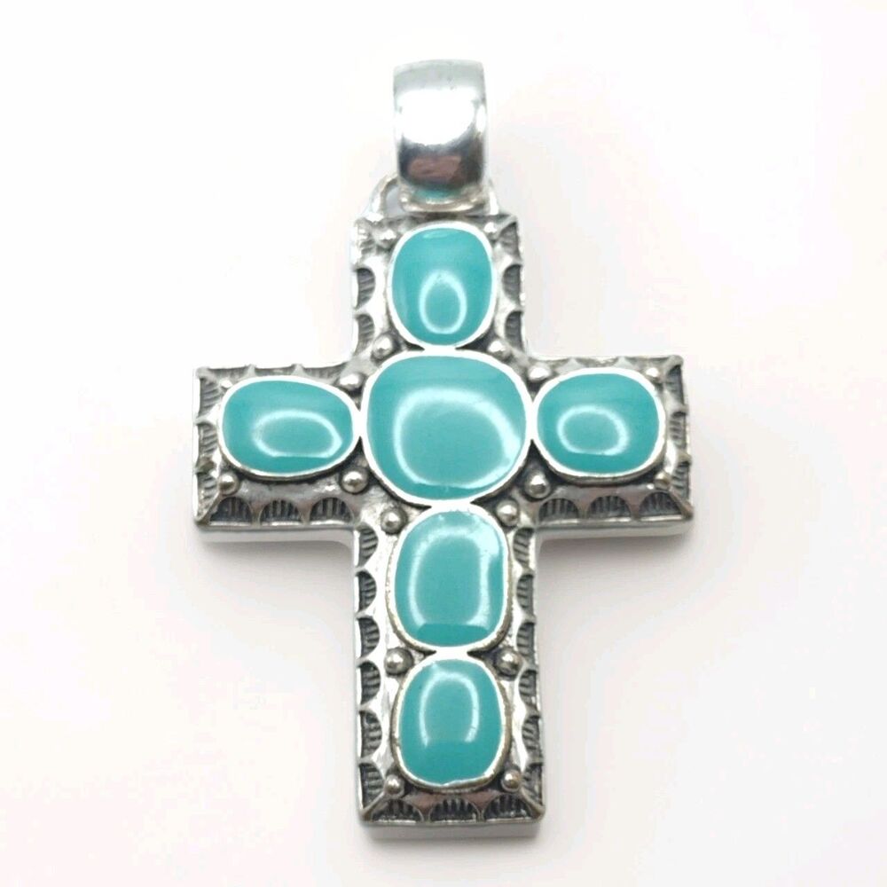 Gorgeous Vintage Silver Tone Faux Turquoise Southwestern Cross Pendant 2.5" Gift